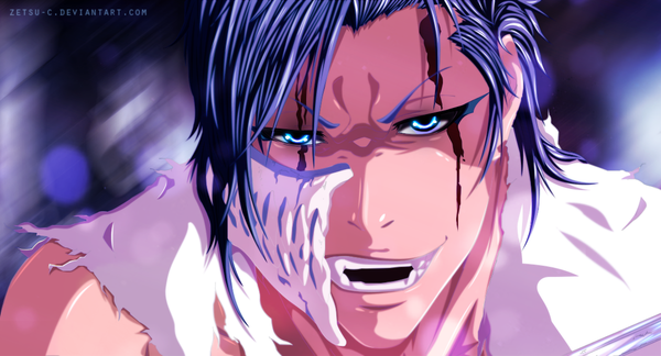 Anime picture 1124x607 with bleach studio pierrot grimmjow jeagerjaques zetsu-c single short hair open mouth blue eyes smile wide image purple hair coloring torn clothes light close-up face espada boy blood mask