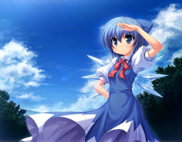 Anime picture 1000x780 with touhou cirno takeponi single short hair blue eyes blue hair sky cloud (clouds) girl dress bow hair bow wings