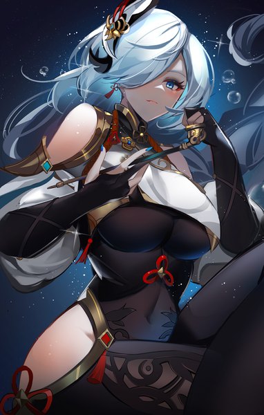 Anime picture 800x1255 with genshin impact shenhe (genshin impact) kuroha (rockluo213) single long hair tall image fringe breasts blue eyes light erotic large breasts sitting blue hair nail polish hair over one eye sparkle from below crossed legs covered navel girl