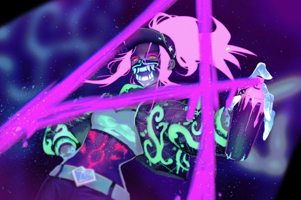 Anime picture 2267x1508 with league of legends k/da (league of legends) akali (league of legends) k/da akali hj (leeho830) single long hair looking at viewer fringe highres standing yellow eyes payot pink hair ponytail open jacket midriff dutch angle hand on hip outstretched arm