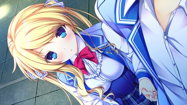 Anime picture 1280x720 with harvest overray giga mikami lilia long hair looking at viewer blush blue eyes blonde hair wide image twintails game cg girl boy uniform bow hair bow school uniform