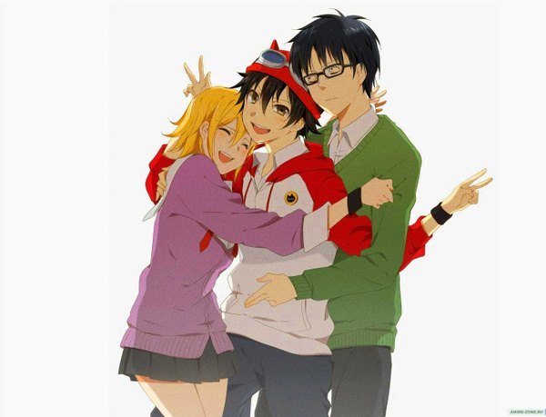 Anime picture 1307x1000 with sket dance onizuka hime fujisaki yuusuke tagme (artist) blush short hair open mouth black hair simple background blonde hair white background yellow eyes eyes closed hug victory group raglan sleeves girl boy miniskirt