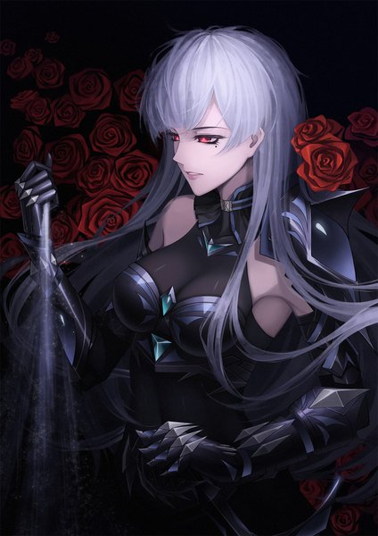 Anime picture 1300x1838 with original red-d single long hair tall image fringe simple background red eyes looking away silver hair upper body parted lips mole mole under eye black background makeup girl flower (flowers) armor rose (roses)