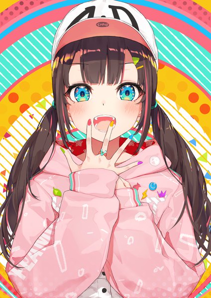 Anime picture 1157x1637 with original inn0 single long hair tall image looking at viewer blush fringe open mouth smile brown hair twintails upper body long sleeves nail polish :d aqua eyes fingernails low twintails girl