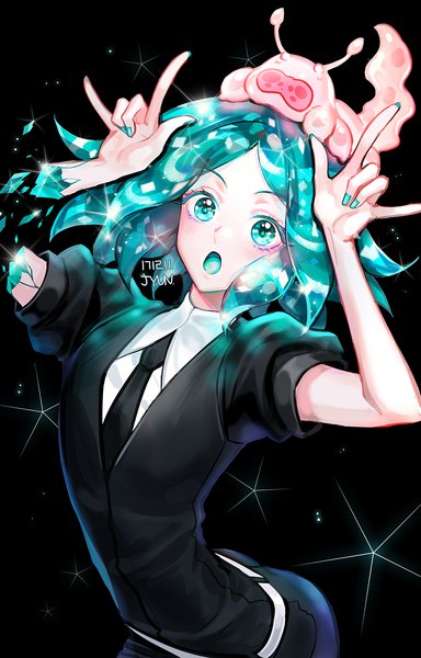 Anime picture 1000x1561 with houseki no kuni phosphophyllite ventricosus jyun (pixiv14105493) tall image short hair open mouth simple background signed upper body nail polish aqua eyes aqua hair arms up sparkle puffy sleeves dated black background androgynous aqua nail polish
