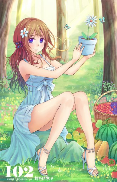 Anime picture 1290x2000 with original xia you qing suikakitsu shiro long hair tall image blue eyes brown hair sitting hair flower girl hair ornament plant (plants) tree (trees) insect butterfly grass sundress fruit