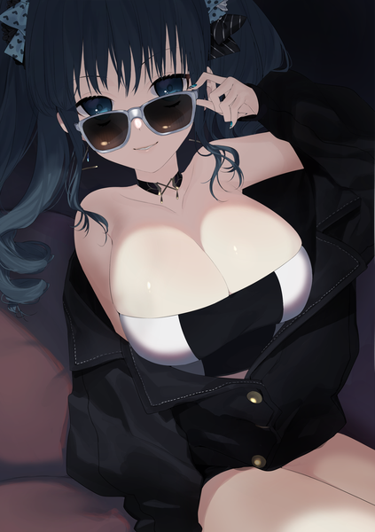 Anime picture 1964x2785 with original naomasap single long hair tall image looking at viewer fringe highres breasts blue eyes light erotic black hair simple background smile hair between eyes large breasts sitting twintails bare shoulders payot