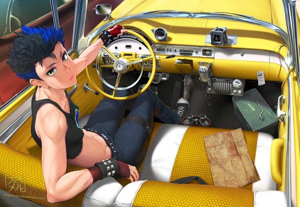 Anime-Bild 2000x1383 mit original feguimel single looking at viewer highres short hair light erotic black hair green eyes blue hair multicolored hair two-tone hair bare belly scar car interior punk girl gloves navel shoes