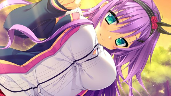 Anime picture 1280x720 with hanasaki work spring kuon ayano toranosuke single long hair looking at viewer blush fringe breasts smile wide image green eyes game cg purple hair from below girl hairband clothes