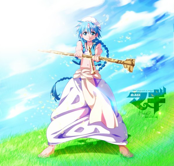 Anime picture 1126x1074 with magi the labyrinth of magic a-1 pictures aladdin (magi) eroishi single long hair blue eyes smile blue hair sky cloud (clouds) braid (braids) sunlight inscription sleeveless coloring single braid boy plant (plants) headdress