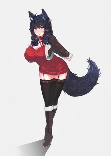 Anime picture 1978x2767 with original ehrrr single long hair tall image looking at viewer blush highres breasts blue eyes light erotic black hair simple background smile large breasts standing animal ears cleavage full body ahoge