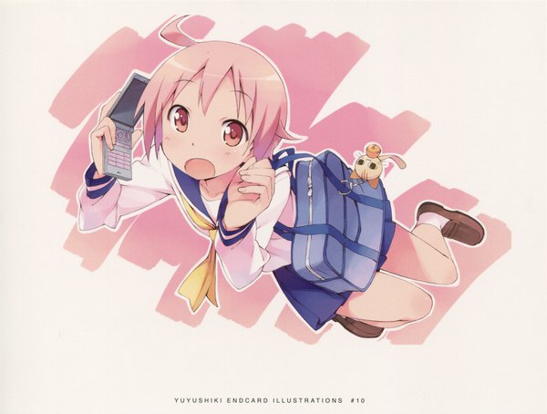 Anime picture 3834x2904 with yuyushiki nonohara yuzuko kanzaki hiro single looking at viewer highres short hair open mouth pink hair absurdres full body ahoge pink eyes scan copyright name end card girl uniform serafuku shoes