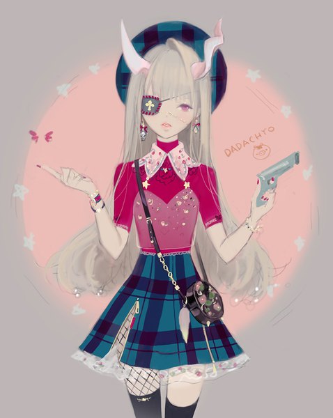 Anime picture 750x940 with original dadachyo single long hair tall image looking at viewer fringe blonde hair signed nail polish parted lips pink eyes horn (horns) grey background plaid skirt spread arms side slit girl thighhighs skirt
