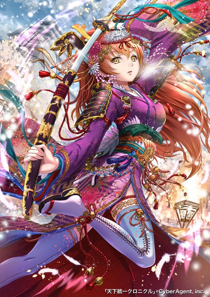 Anime picture 800x1131 with tenkuu no crystalia sakiyamama single long hair tall image looking at viewer fringe open mouth hair between eyes brown hair standing holding yellow eyes sky cloud (clouds) outdoors traditional clothes japanese clothes arm up wide sleeves