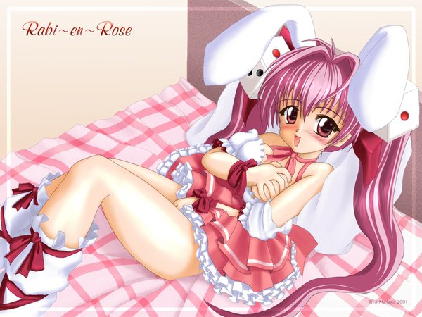 Anime picture 1024x768 with di gi charat madhouse usada hikaru rabi en rose single long hair looking at viewer blush breasts open mouth light erotic red eyes twintails bare shoulders pink hair inscription bunny ears wallpaper legs breast grab