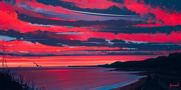 Anime picture 1920x960 with original aenami highres wide image signed sky cloud (clouds) outdoors night night sky horizon no people scenic red sky animal sea bird (birds) star (stars)