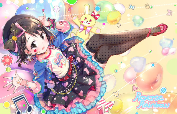 Anime picture 1282x827 with idolmaster idolmaster cinderella girls idolmaster cinderella girls starlight stage sasaki chie jin young-in single looking at viewer blush short hair open mouth black hair sitting full body braid (braids) from above black eyes sparkle crossed legs side braid polka dot