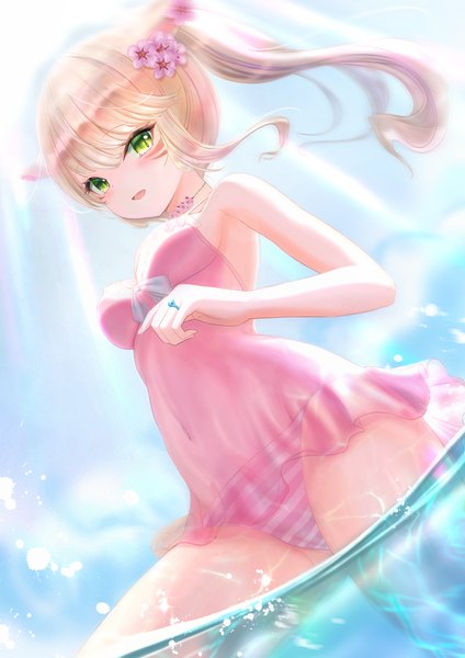 Anime picture 774x1095 with final fantasy final fantasy xiv square enix miqo'te hou no ka single long hair tall image looking at viewer blush fringe breasts open mouth light erotic blonde hair smile standing green eyes animal ears payot