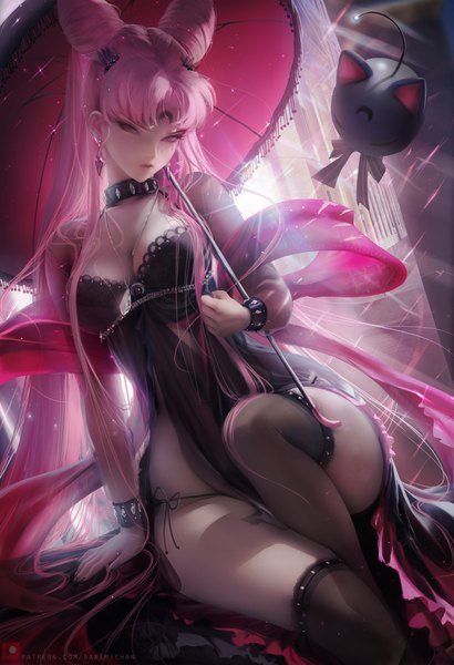 Anime picture 2600x3800 with bishoujo senshi sailor moon toei animation chibiusa black lady luna p sakimichan single long hair tall image looking at viewer fringe highres breasts light erotic sitting holding pink hair cleavage bent knee (knees) nail polish