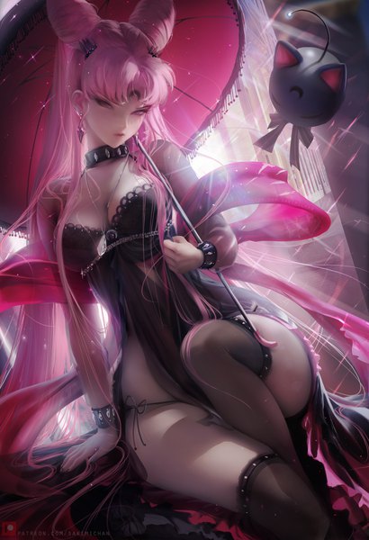 Anime-Bild 2600x3800 mit bishoujo senshi sailor moon toei animation chibiusa black lady luna p sakimichan single long hair tall image looking at viewer fringe highres breasts light erotic sitting holding pink hair cleavage bent knee (knees) nail polish