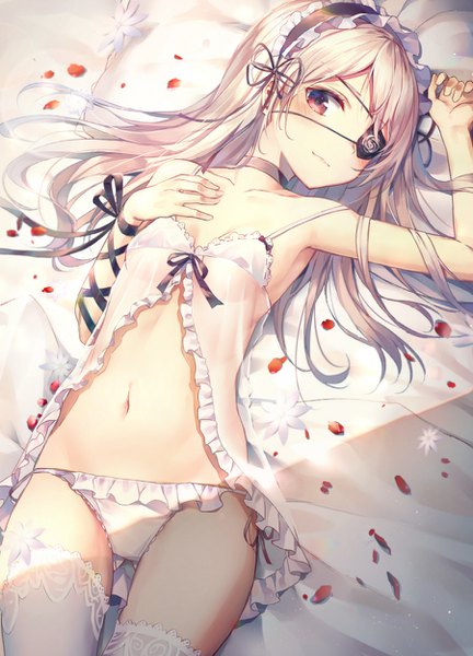 Anime picture 900x1250 with original huwari (dnwls3010) single long hair tall image looking at viewer blush fringe breasts light erotic red eyes silver hair lying arm up light smile on back underwear only hand on chest ass visible through thighs strap slip