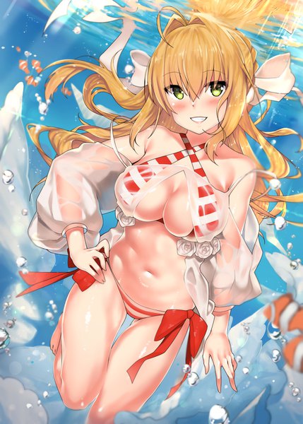 Anime picture 938x1312 with fate (series) fate/grand order nero claudius (fate) (all) nero claudius (swimsuit caster) (fate) kawai (purplrpouni) single long hair tall image looking at viewer blush fringe breasts light erotic blonde hair smile hair between eyes large breasts green eyes payot ahoge