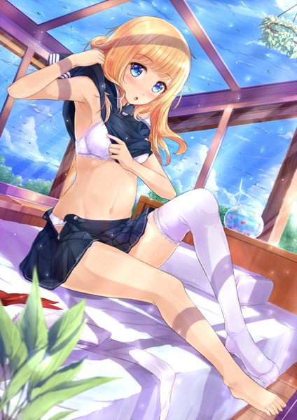 Anime picture 1157x1636 with original kazeno single long hair tall image looking at viewer blush blue eyes light erotic blonde hair sitting bare belly dressing girl thighhighs skirt navel uniform underwear panties