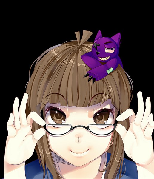Anime picture 906x1053 with original loyproject single long hair tall image looking at viewer fringe simple background smile brown hair brown eyes light smile black background portrait close-up face adjusting glasses girl animal glasses
