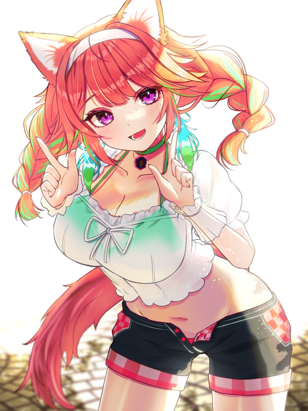 Anime picture 1800x2400 with virtual youtuber hololive hololive english takanashi kiara inari (ambercrown) single long hair tall image looking at viewer highres breasts open mouth light erotic large breasts purple eyes animal ears cleavage tail :d animal tail