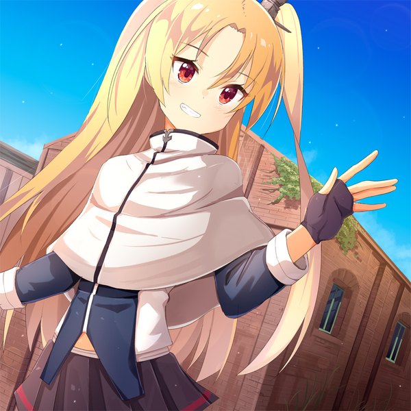 Anime picture 900x900 with azur lane cleveland (azur lane) ame. single long hair blush fringe blonde hair smile hair between eyes red eyes standing looking away sky outdoors pleated skirt dutch angle one side up grin waving