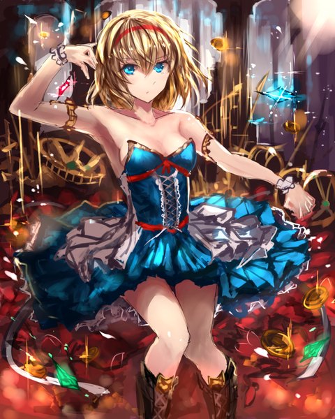 Anime picture 900x1125 with touhou alice margatroid rinaka moruchi single tall image looking at viewer fringe short hair blue eyes blonde hair bare shoulders bent knee (knees) sleeveless light glow girl dress knee boots crystal blue dress