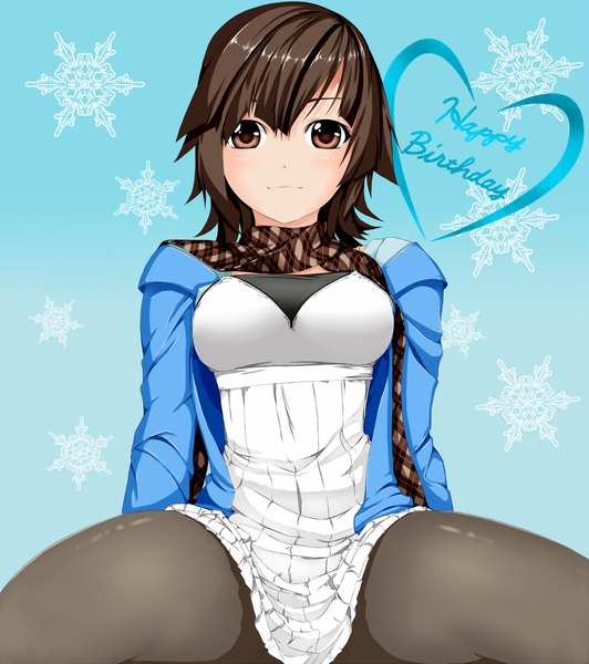 Anime picture 1000x1128 with original ayase tamaki single tall image short hair black hair brown eyes girl dress scarf snowflake (snowflakes)
