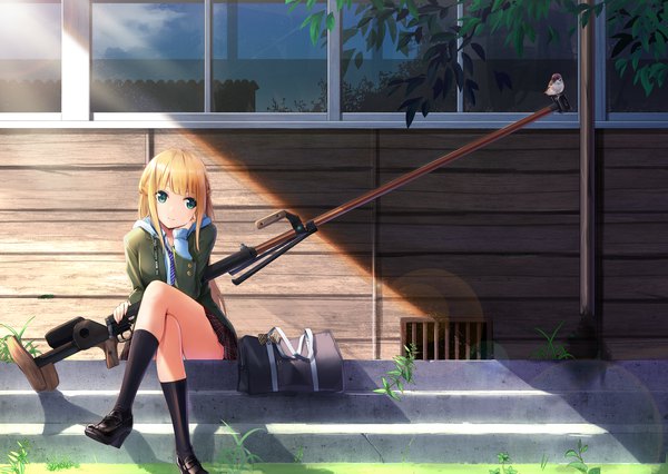 Anime picture 2500x1777 with original meso-meso single long hair blush fringe highres blonde hair smile sitting green eyes payot looking away full body outdoors head tilt sunlight shadow crossed legs lens flare