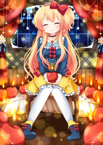 Anime picture 1002x1416 with original ringo yuyu single long hair tall image blush blonde hair smile holding indoors eyes closed snowing winter ^ ^ knees together feet apart girl dress flower (flowers) bow hair bow