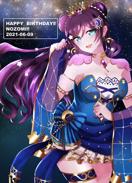 Anime picture 866x1200 with love live! school idol project sunrise (studio) love live! toujou nozomi nonoura73 single long hair tall image looking at viewer blush fringe open mouth blue eyes hair between eyes standing cleavage purple hair head tilt :d aqua eyes