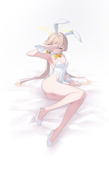 Anime picture 2608x4096 with blue archive hifumi (blue archive) arume ad single long hair tall image looking at viewer blush fringe highres light erotic simple background blonde hair smile white background animal ears yellow eyes ass arm up high heels