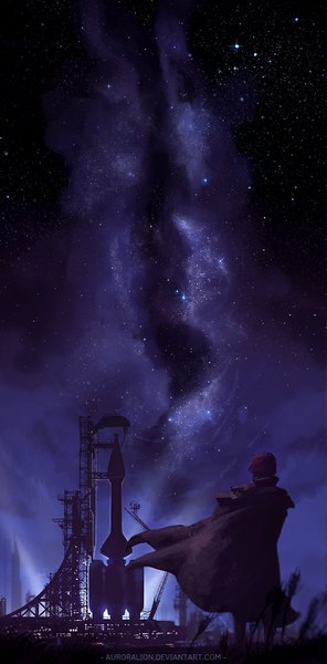 Anime picture 553x1119 with outlaw star starwind gene auroralion single tall image short hair standing red hair wind from behind night night sky glow boy star (stars) cloak spacecraft rocket ship