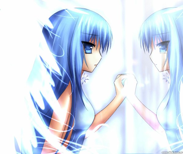 Anime picture 1024x861 with tagme (copyright) hitana single blue eyes white background blue hair reflection angel wings angel girl dress wings blue dress