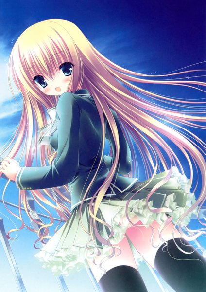 Anime picture 4424x6260 with original tinker bell long hair tall image blush highres open mouth blue eyes blonde hair absurdres looking back loli girl thighhighs skirt black thighhighs miniskirt