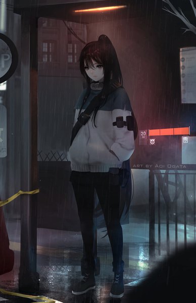 Anime-Bild 1022x1579 mit original aoi ogata single long hair tall image fringe black hair hair between eyes standing signed looking away full body outdoors ponytail black eyes rain hands in pockets girl jacket boots