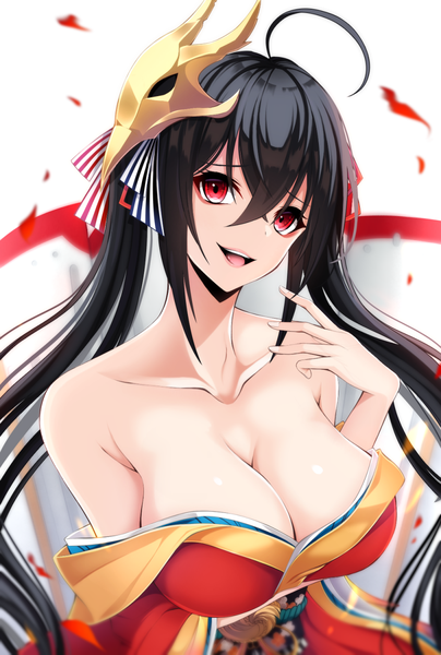 Anime picture 876x1300 with azur lane taihou (azur lane) shiira (nya rl) single long hair tall image looking at viewer fringe breasts open mouth light erotic black hair simple background smile hair between eyes red eyes large breasts twintails bare shoulders payot