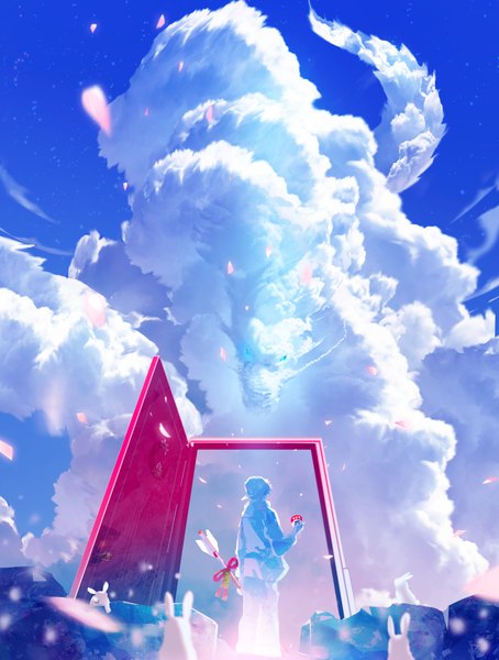 Anime picture 1548x2048 with original makoron117117 single tall image standing holding sky cloud (clouds) traditional clothes japanese clothes from behind landscape new year fantasy boy animal petals dragon bunny baseball cap