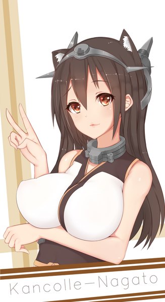 Anime picture 1080x1980 with kantai collection nagato battleship hanami dango (zzldango) single long hair tall image looking at viewer blush fringe breasts light erotic brown hair large breasts brown eyes animal ears light smile lips cat ears erect nipples character names
