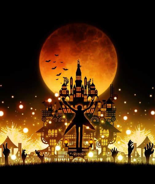 Anime picture 1222x1451 with original harada miyuki single tall image short hair standing sky night arms up lens flare victory spread arms halloween silhouette boy plant (plants) animal building (buildings) moon star (stars)