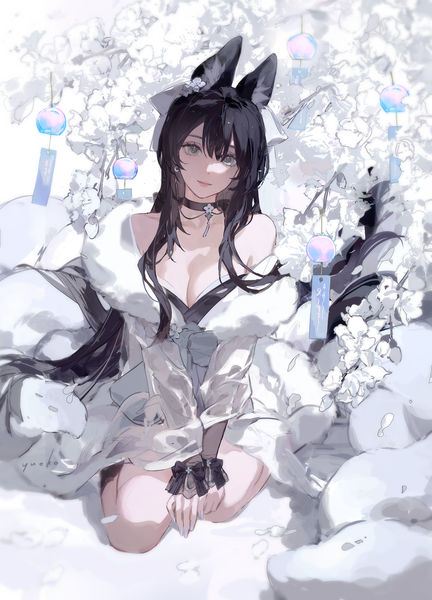 Anime picture 1081x1500 with virtual youtuber indie virtual youtuber chai (yueko (jiayue wu)) yueko (jiayue wu) single tall image fringe breasts light erotic black hair simple background hair between eyes white background sitting green eyes signed animal ears full body bent knee (knees) very long hair