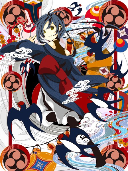 Anime picture 1000x1336 with original sakisato kiriko single tall image short hair black hair smile green eyes japanese clothes looking back smoke girl bow animal kimono bird (birds) obi