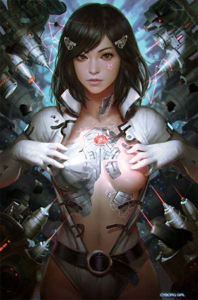 Anime picture 661x1000 with original kilart (artist) single tall image fringe short hair breasts light erotic black hair brown eyes lips realistic open clothes tattoo covering revision covering breasts science fiction girl gloves