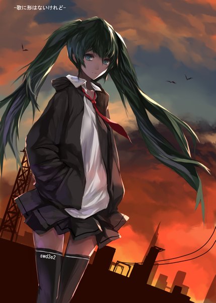 Anime picture 1181x1653 with vocaloid hatsune miku swd3e2 single long hair tall image blue eyes twintails cloud (clouds) green hair girl thighhighs skirt black thighhighs necktie jacket