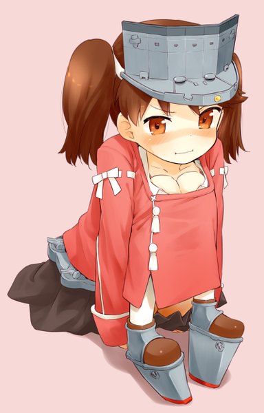 Anime picture 800x1250 with kantai collection ryuujou light aircraft carrier nagian single long hair tall image looking at viewer blush brown hair sitting twintails brown eyes loli embarrassed girl skirt miniskirt shoes visor cap