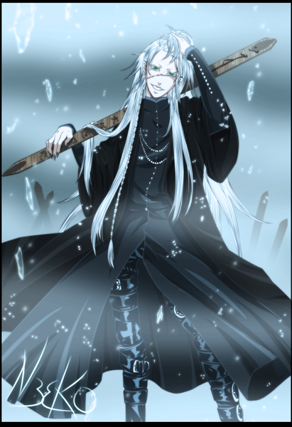 Anime picture 1024x1493 with kuroshitsuji a-1 pictures undertaker n3eko123 single long hair tall image smile nail polish aqua eyes fingernails grey hair coloring scar long fingernails framed boy weapon earrings cloak